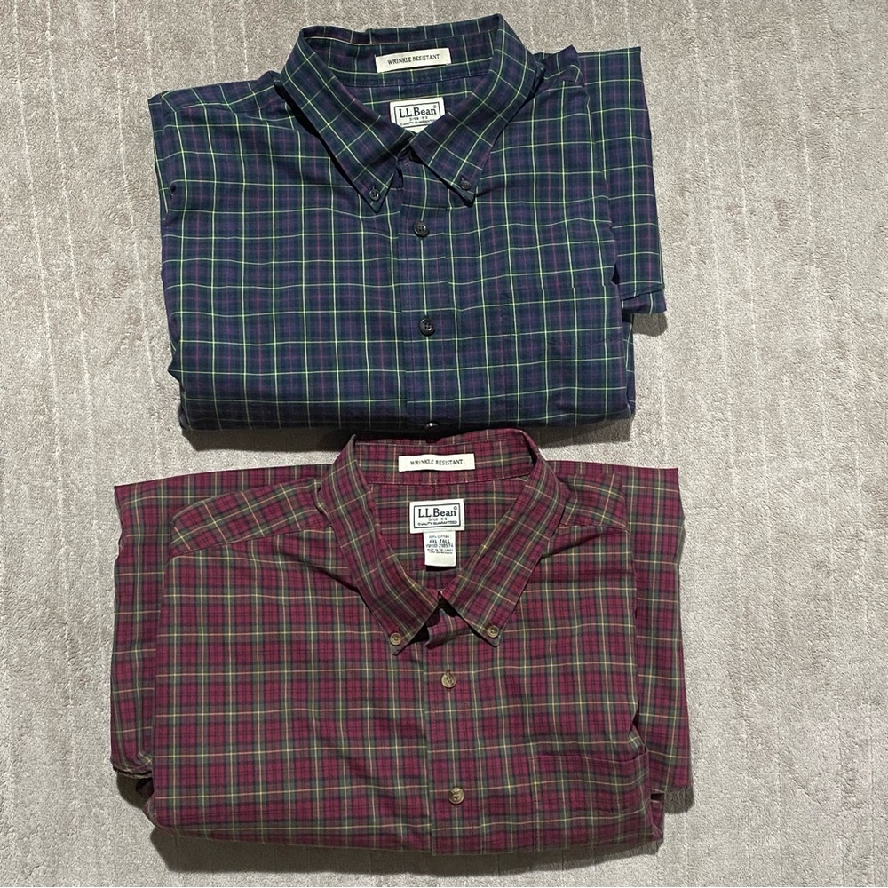 Lot of 2 Vintage L.L. Bean Shirts Mens 2XLT Plaid Button Down Wrinkle Resistant